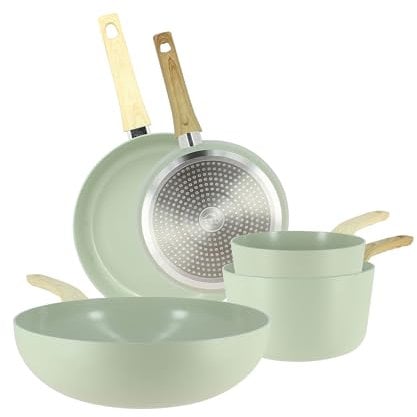 MENASTYL - Set de 5 pièces Colorama Céladon - Poêles/Casseroles/Wok - En aluminium - Revêtement antiadhésif en céramique - Tous feux dont induction