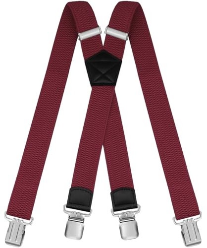 HNOOM Hosenträger für Herren Damen: Breit 3.8 cm, Einstellbar und Elastisch Arbeitshose Hosenträger, 4 Starken Metall Clip, X Form, Einheitsgröße für Männer und Frauen (Weinrot)