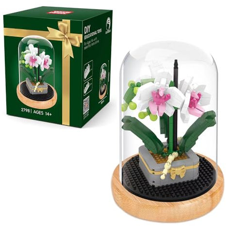 LUFEIS Blumen Bausteine Set, Rose Unsterblicher Blumenstrauß Baustein mit Schutzhülle, Kunstpflanzen Bausteine für Erwachsene, Geschenk für Mama Freundin (Weiße Phalaenopsis)