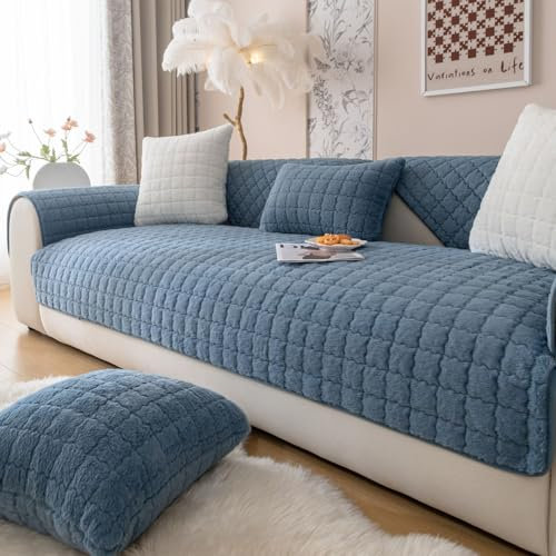 WYJHNLBEDC Sofa/Couch überzug/überwurf, Sofa überwurfdecke, Warmer Super Weicher Plush Sofabezug für Sofa L Form/U Form/Ecksofa 3/2/1 Sitzer, Sofaschutz Hund Kratzschutz Katze Blau 110x240cm
