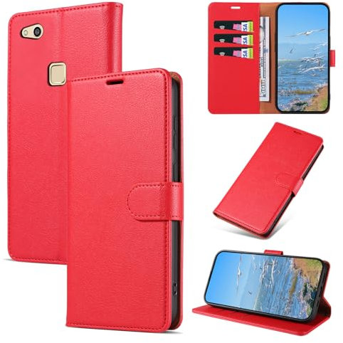KKEIKO Cover per Huawei P10 Lite, Antiurto Custodia in PU Pelle con Slot per Porta Carte, Magnetico Protettiva Cover per Huawei P10 Lite, Rosso