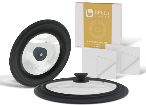 BELLA COOKS Universal Pot Lid (Set of 2) incl. 2 Cotton Rags - Fits 7-11″ Cookware - Pot Cover, Pan Lid, Frying Pan Lid, Cast Iron Lid & Crock Pot Lid