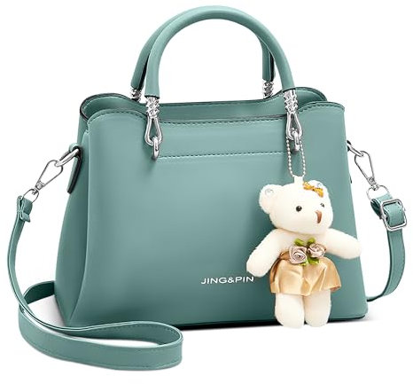 DORRISO Elegant Damen Klein Henkeltasche Mode Umhängetasche Handtasche mit Niedlichem Bären-Anhänger Schultertasche für Reise Einkaufen Arbeit Urlaub Business PU Leder Frauen Tasche Tote Grün