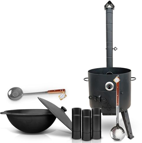 Gusseisen Kazan 16 L Kasan Казан mit Feuerofen Utschak Ø 44 cm runder Boden Verlängerungsrohr Thermometer Schaumlöffel für Plov Учак Учаг Uchag Asia (Set 3)