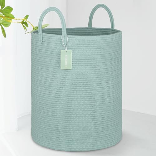 BOSROTY Large Blanket Basket, Tall Laundry Hamper 65L, Nursery Basket with Handles for Storage Toys Clothes Towels, Cotton Rope Woven Organiser, 40 x 50 CM, Light Green