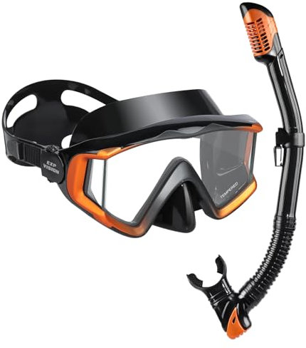 Schnorchelset Schnorchelausrüstung für Erwachsene, Professionelle Anti-Beschlag-Schnorchelmaske, Trockenschnorchel Tauchmaske für Freitauchen,Schnorcheln,Schwimmen (Orange Schnorchelset-Pano 3)