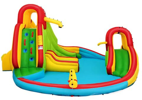 COSTWAY 4 en 1 Castillo Hinchable, Parque Infantil Exterior Grande con Piscina de Juego, Canasta de Baloncesto y 2 Toboganes, Insuflavel Crianças Interior Adecuado para Niños de 3 a 10 Años
