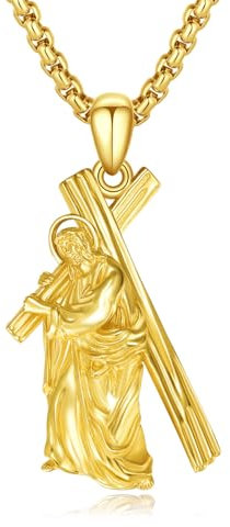 ZIPPICE Jesus Kreuz Halskette 925 Sterling Silber Crucifix Anhänger Jesus Kreuz Kette Amulett Halskette Schmuck Geschenk für Damen Herren Frauen Männer with 2.5mm 22+2 Edelstahl Kette(gold)