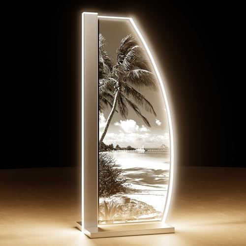 Luverre Tischlampe | LED-Leuchte | Glas-Leuchte mit Gravur für Nachttisch, Kommode, Wohnzimmer | Strand, Meer, Palmen (Tropical Beach, Segel | silber)