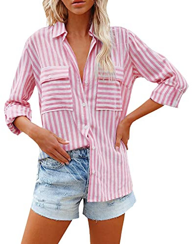 NKPUYT Chemise d'été pour femme - Rayures - Chemise en lin - Chemise décontractée - Léger - Col en V - Chemisier d'été - Tunique - Boutonné - Chemise en mousseline - Chemisier long en lin, Rose, M