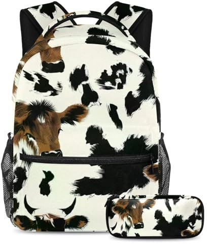 Rucksack mit Kuhfell-Druck, 2-teiliges Schultaschen-Set für Jungen, Mädchen, Teenager, Reisetasche, Büchertasche für Studenten, Kuhfell-Druck, Größe L