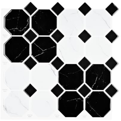 Wallercity 10 fogli di piastrelle da cucina effetto marmo nero/bianco, 30,5 x 30,5 cm, impermeabili, autoadesive, effetto marmo, piastrelle adesive da parete per cucina, bagno, decorazione da parete