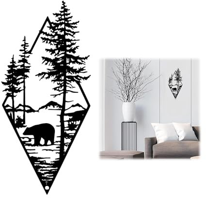 Wanddeko Outdoor, Wand Deko Schlafzimmer Metall, Wohnzimmer Wanddeko Modern, Art Wall Decoration Living Room, Wandbild Metall für Innen Außen Garten Haus Dekoration, WäLder und Bären, Schwarz, 1 Stück