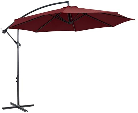Outsunny Parasol Excéntrico Ø 295 cm Sombrilla de Jardín con Ángulo Ajustable Base Cruzada y Manivela Sombrilla para Terraza Patio Granate