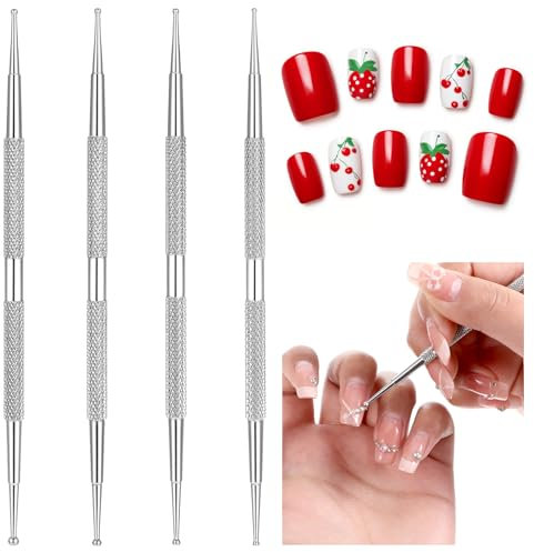 Tyqour Juego de 4 bolígrafos para puntos, de acero inoxidable, con estrás, para manicura, puntos, manicura, puntos, uñas, varios tamaños, diseño de uñas, metal, herramienta para mármol