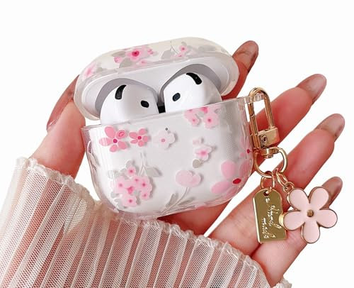 MINSCOSE Kompatibel mit AirPods 4 Klar Hülle,Niedliche Blume Muster Design mit floralen Schlüsselanhänger, weiche TPU schützende stoßfeste Hülle für Frauen Mädchen-Rosa Blume