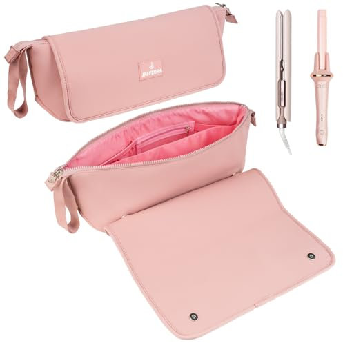 Jaffzora Hair Tools Travel Bag with Heat Resistant Mat and Lining, Portable 2 in 1 Hair Storage Bag for Curling Iron, Flat Irons, Straighteners and Haircare Accessories,Pink