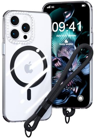 AKABEILA Magnetic Case for iPhone 14 Pro TPU Diamond Rainbow Case Transparent Yellowing Resistant PC Back Wireless Charging Cover Adjustable Wrist Strap 6.1 Inch