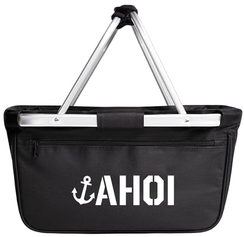 Huuraa Einkaufskorb Ahoi Anker Seemannsgruß Geschenk | Schön als Picknick Korb oder Shopper 20 Liter Black faltbarer Tragekorb Schwarz Geschenkidee Einkaufstasche Aluminium Griff