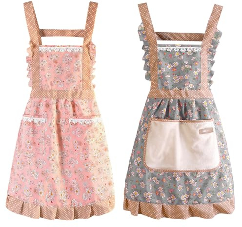 Ziyonix 2 Stück Küchenschürze Damen mit 2 Taschen, Verstellbare Küchen Schürze Maschinenwaschbar Kochschürze für Kochen Backen Gartenarbeit Café