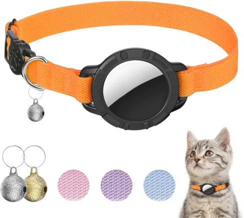 NozlaID AirTag Katzenhalsband, Dehnbares Halsband Katze mit Glocke | Katzen Tracker Halsband mit Apple Airtag Hülle, Langlebig und Passend für Kätzchen, Katzen und Welpen (Orange)