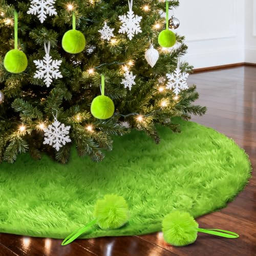 ZoneYan 90cm Gonne Albero Di Natale Verde, 12 Ciondoli Forma di Palla di Peluche, AlberodiNatale Tappeto, Ornamenti l'AlberoNatale, CopriAlbero Natale Pieghevole, Copri Base AlberoNatale Elegante