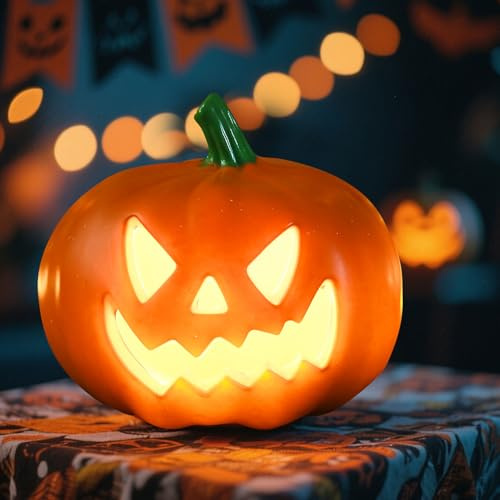 Halloween Kürbis, Halloween Deko Kürbis Laterne LED Windlicht, K-ürbis Beleuchtet Mit Gruselfaktor Multifunktional H-alloween Deko Led, Als Innen Herbstdeko Oder Garten-Deko Windlicht (D)