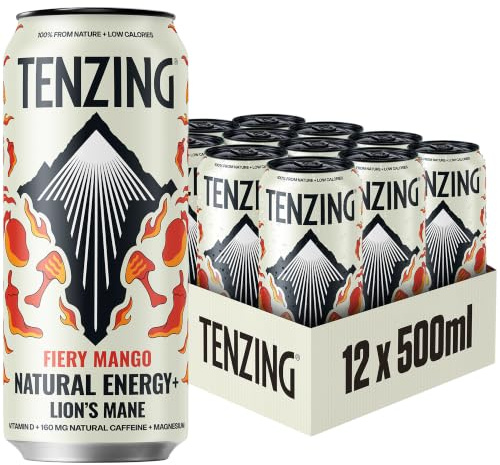 TENZING Super Natural Energy Drink, Fiery Mango, 160MG Caffeine, Vitamin D, Magnesium, Mushrooms, Plant Based, Vegan, & Gluten Free, 500ml (Pack of 12) - Packaging may vary