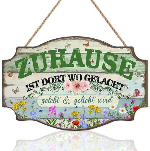 TOARTi Frühling Garten Dekoschild ZUHAUSE IST DORT WO GELACHT & GELIEBT WIRD Wanddeko für Garten & Zuhause Türdeko Kranz Kombination Wetterfestes Schild Herzliches Geschenk