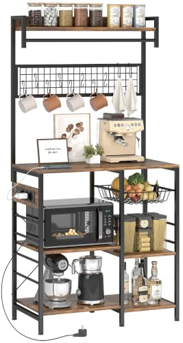 HOMCOM Estantería de Cocina 3 Enchufes Luces LED 80x42x162cm Marrón Rústico | Estantería de Panadería Industrial con Estantes para Microondas, Cesta de Malla Metálica, 10 Ganchos, Barra