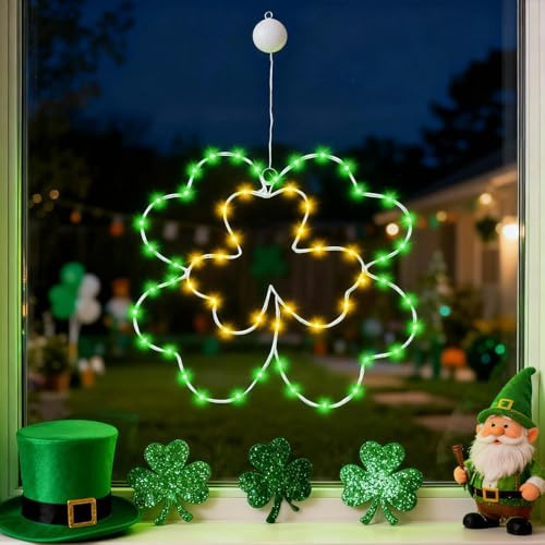 FUFRE Frühlingsdeko LED Fenster Lichter, Frühling Deko Klee Fensterbeleuchtung mit Timer, LED Fensterdeko Frühling Wasserdicht, Lichterkette Hängende für St. Patrick's Day Deko Osterdeko Fenster (B)