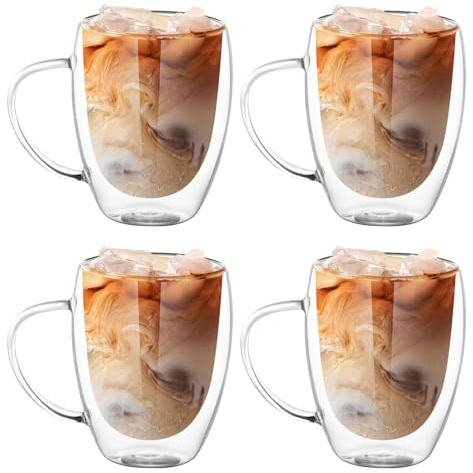 Ravytha 4 Piezas Tazas de Cafe Transparente, Vasos Doble Pared Cristal con Asa para Té Helado, Leche, Latte, Macchiato, Bebidas Calientes(350ML)
