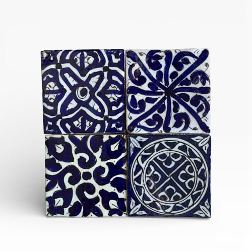 Piastrelle Marocchine Fatte a Mano, Ceramica Blu e Bianca, Stile Andaluso Zellige, Set da 4, 10x10 cm