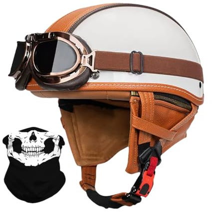 Vintage Deutsche Motorrad Halbhelme mit ECE Genehmigt, Leder Offenem Helm Jet-Helm mit Schutzbrille, Bike Cruiser Chopper Moped Scooter Roller Helm Brain-Cap für Männer Und Frauen