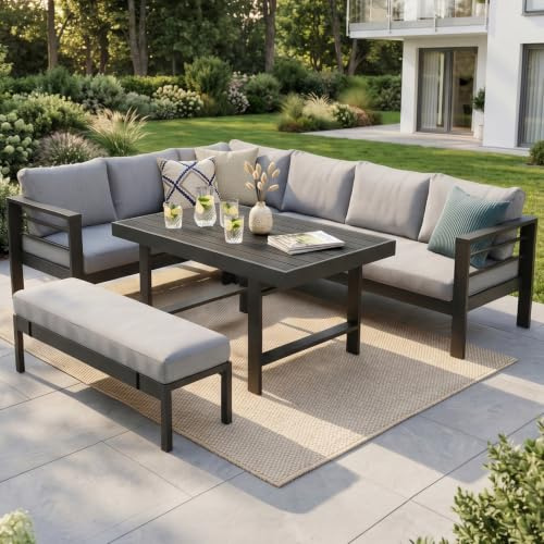 Atenza Gartenlounge wetterfest, Ecksofa 6-8 Personen mit Tisch, Grau