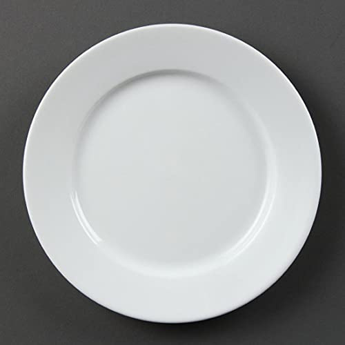 Olympia Whiteware Porcelain Wide Rimmed Plates 202mm, White (Pack of 12) | Fully vitrified glaze resists scratches and thermal shock with a chip-resistant rolled rim for busy commercial kitchens.