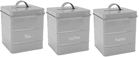 Harbour Housewares Metal Tea Coffee Sugar Canisters - Grey - 3pc Set - Vintage Kitchen Storage Loose Tea Coffee Beans Granulated Sugar Airtight Container Food Preserve Caddy with Lid