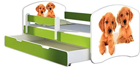 ACMA Kinderbett Jugendbett mit Einer Schublade und Matratze Grün mit Rausfallschutz Lattenrost II 140x70 160x80 180x80 (39 Welpen, 180x80 + Bettkasten)