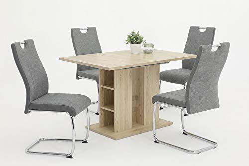 Hela Tische, 5-TLG Essgruppen Alina, Säulentisch Sanremo Eiche 120-180x80cm und 4x Schwingstuhl Grau, Metallgestell Chrom