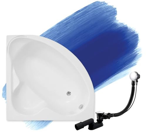 BADLAND Badewanne Original Weiß Acryl Wanne Eckbadewanne STANDARD 130x130 KOMPLETTSET SET + Füßen und Exklusive Chrom Automatik Ablaufgarnitur Made in EU 3in1
