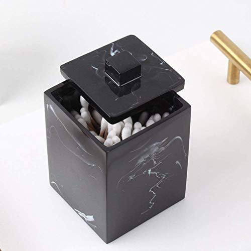 FülleMore Marmoroptik Wattestäbchen Behälter Wattestäbchenhalter mit Deckel Harz Wattestäbchen Box Staubdicht Make up Organizer Aufbewahrungsbox Ohrstäbchenhalter (Schwarz)