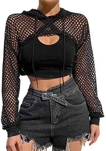 Women Sexy Fishnet Long Sleeve Crop Top See-through Mesh Crop Tops Blouses Pullover Open Front Shrug Hollow Out Hoodie Short Shirts for Street Beach Music Festival Clubwear Black