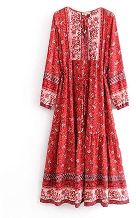 Boho Maxi Dress Long Sleeve Summer Dresses for Women Floral Casual Flare Flowy Gypsy Hippie Bohemian Style (UK, Alpha, L, Regular, Regular, Red)