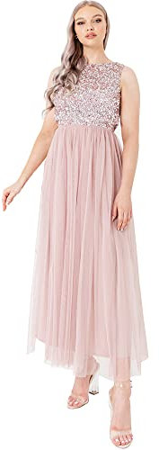 Maya Deluxe Midaxi Abito da Donna Senza Maniche Paillettes High Empire Waist Tulle Impreziosito per Matrimonio ospite Palla Vestito per Damigella d’Onore, Rosa Satinato, 42