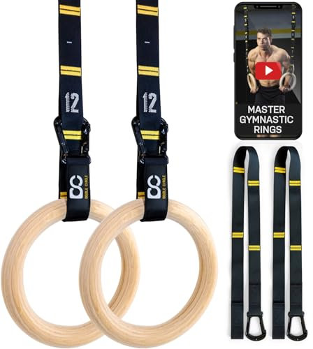 Double Circle Gymnastikringe aus Holz mit schnell einstellbaren nummerierten Gurten und Übungsvideos (evtl. Nicht in Deutscher Sprache) – Ganzkörpertraining – Calisthenics – Home Gym (Ringe und Gurte