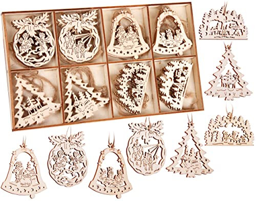 BRUBAKER 24-TLG. Weihnachtsanhänger Set - Baumschmuck aus Holz ca. 6 cm - Engel Glocken Tannenbaum - Dekohänger Weihnachten - Holzanhänger Weihnachtsbaum - Christbaumschmuck