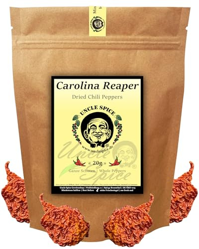 UNCLE SPICE® Carolina Reaper Schoten- 20g schärfste Chili der Welt - ganze Chilischoten in Premiumqualität - GRINGO KILLER - Chilischoten getrocknet - 1.5 Mio Scoville - Achtung EXTREM SCHARF