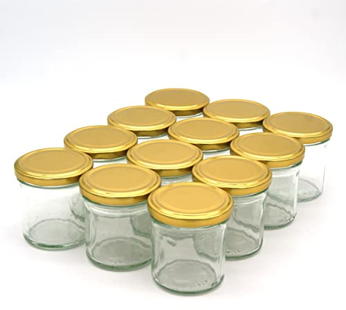 Stoff-Kollektion 12x 165ml Einmachgläser mit Deckel Vorteilspack | Sturzglas Marmeladenglas (Gold)
