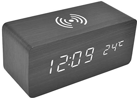 Réveil Numérique en Bois, Radio-réveils Horloge électronique à LED 12/24 Heures avec Station de Chargement Rapide sans Fil, Horloge Numérique à LED en Bois à(6.3 x 2.8 x 2.7in-Le Noir)