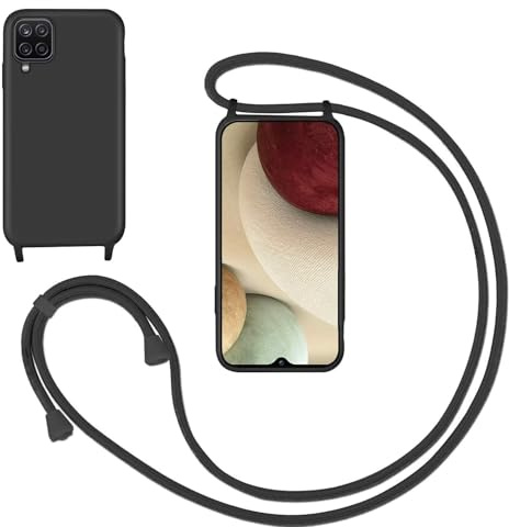 Coque pour Samsung Galaxy A12 avec Cordon,Souple Silicone Housse avec Bandoulière en Nylon, Réglable Lanyard Case Protection Complète Cover Etui Antichoc Protection,Noir